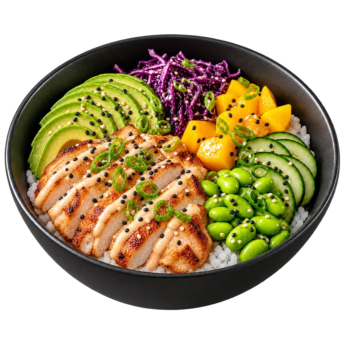 Frische Bowl mit gegrilltem Chicken, Avocado, Edamame und Mango