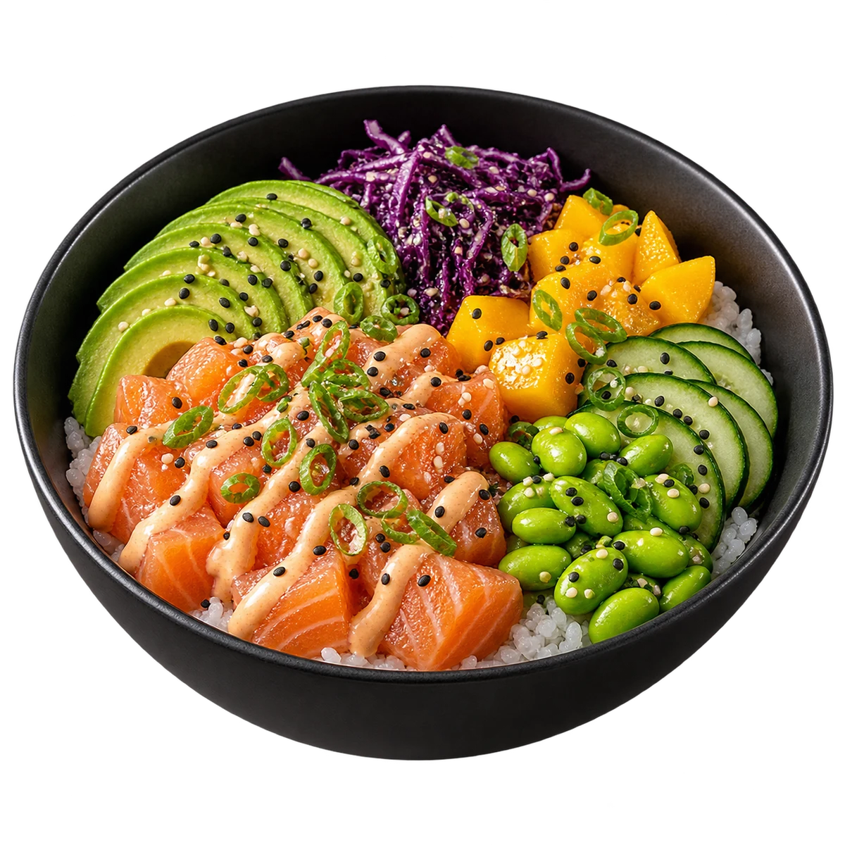 Bunte Bowl mit Lachs, Avocado, Mango und Edamame