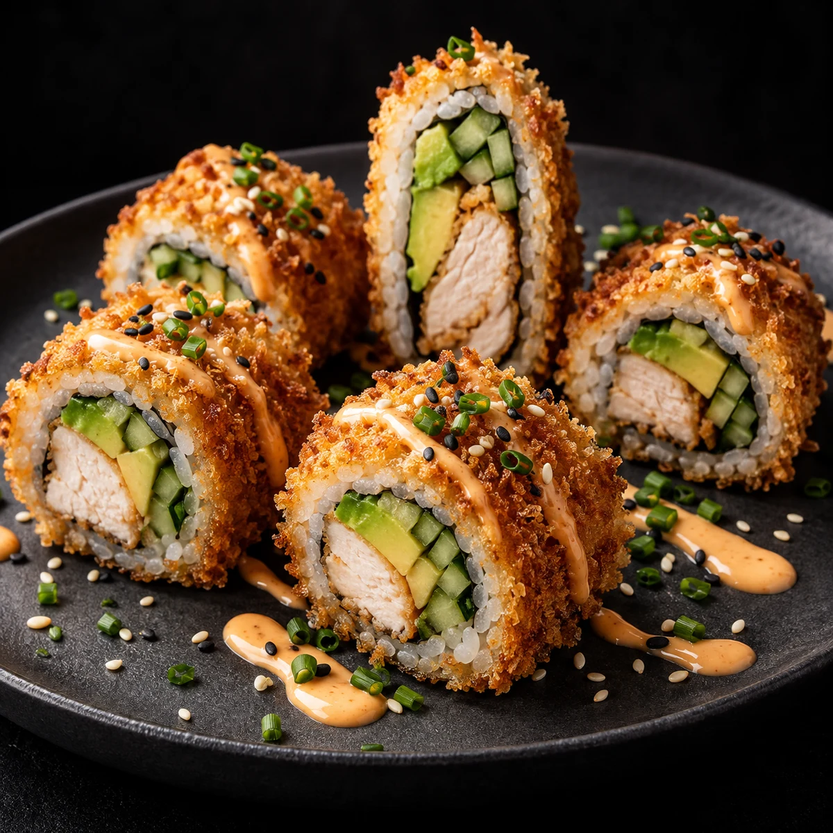 Frittierte Sushi-Rolls mit gegartem Chicken, Avocado und goldener Panko-Hülle