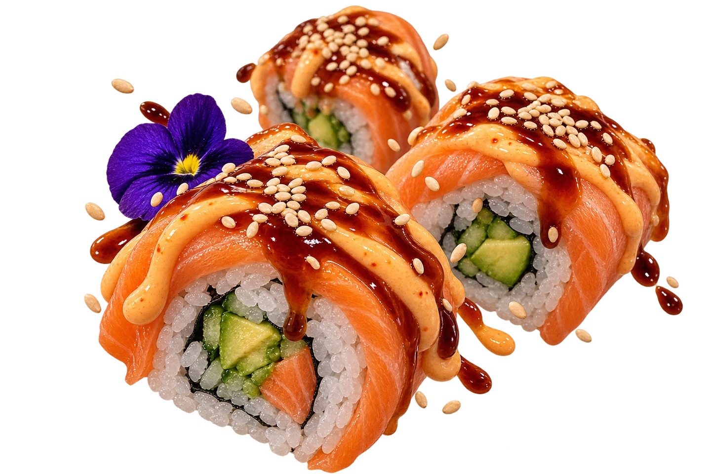 Drei schwebende Sushi-Rolls mit Lachs, Avocado, Sesam und Sauce