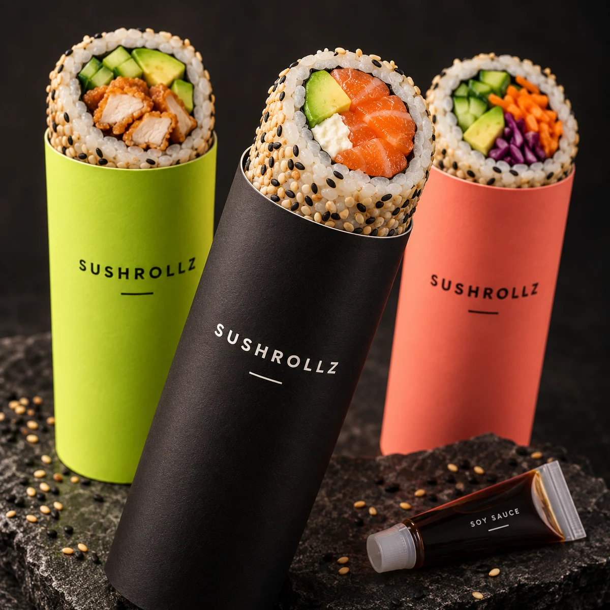 Längliche Sushi-Rollen in farbigen Push-up-Papptuben