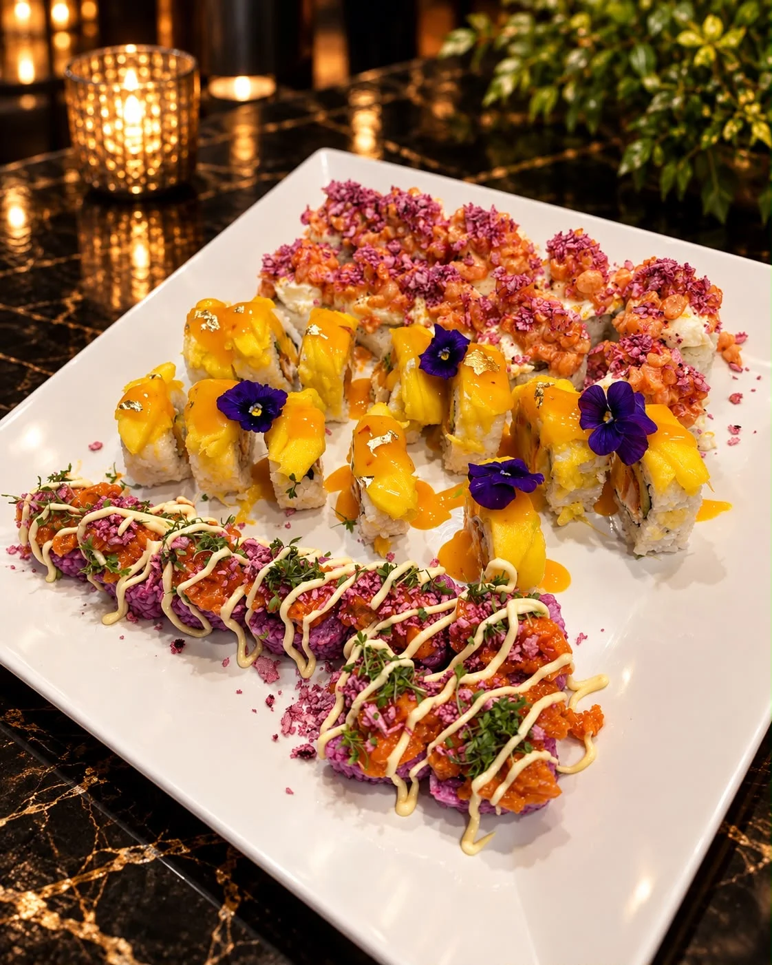Unsere bunte Sushi-Auswahl mit Mango, knusprigen Toppings und Blüten
