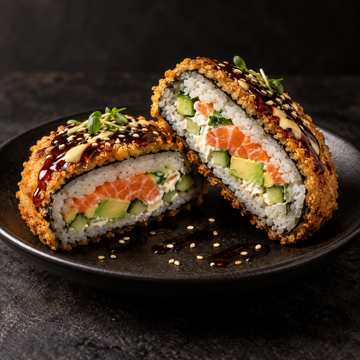 Rundum knuspriger Nori-Sushi-Burger, halbiert mit Reis, Lachs und Avocado